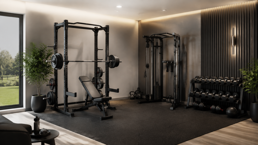 Modern premium home gym with power rack cable trainer bench and dumbbells